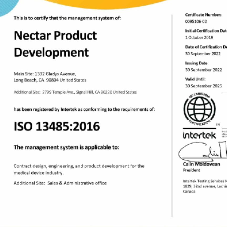 Nectar ISO 13485:2016 Certification
